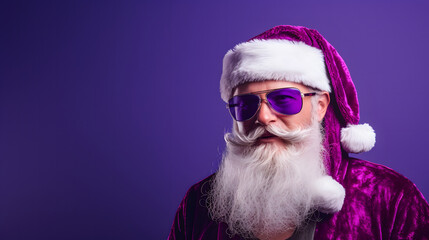Portrait of Santa Claus in sunglasses on a purple background. Christmas. Studio shot, winter feeling, vibrant color, attention grabbing. - obrazy, fototapety, plakaty