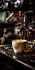 Machine à café professionnelle en train de faire couler un expresso tout chaud dans une tasse - obrazy, fototapety, plakaty
