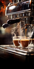 Machine à café professionnelle en train de faire couler un expresso tout chaud dans une tasse - obrazy, fototapety, plakaty
