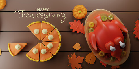 Happy Thanksgiving banner with baked turkey, autumn leaves, pumpkin, apples and plates. illustration for postcard, banner, card, poster, background.