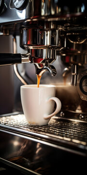 Machine à café professionnelle en train de faire couler un expresso tout chaud dans une tasse