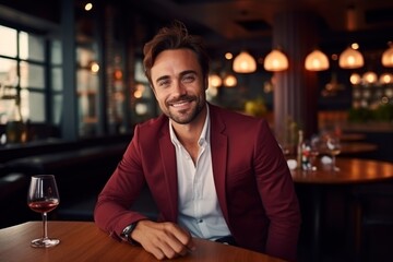 happy modern man with a glass of expensive wine on the background of a fancy restaurant and bar