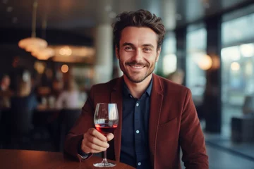 Fotobehang happy modern man with a glass of expensive wine on the background of a fancy restaurant and bar © vasyan_23
