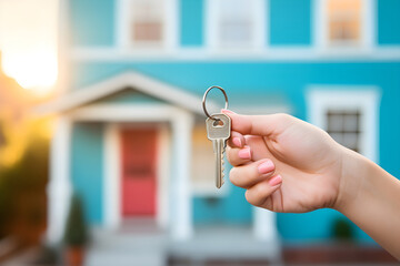  woman's hand holds a house key, symbolizing the real estate agent's role in the mortgage process. Ideal for buy-sell, moving home, or renting property concepts