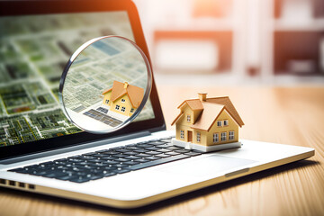  3D model house on a laptop keyboard with a magnifying glass on the screen, symbolizing in-depth research and exploration of real estate and housing options - obrazy, fototapety, plakaty