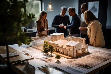 Architects and designers  gather in an, immersed in a vibrant discussion over a miniature architectural model of a modern urban building in a cinematic light
