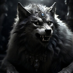 The black and white image of a furry werewolf in the moonlight .Generative Ai
