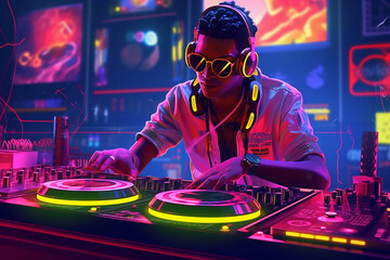 DJ in a night club. Street disco. Summer night club.