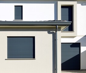 Dark gray modern rolling shutters on a facade of a new built house.