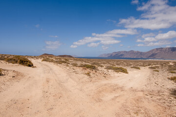Fototapeta na wymiar Desert landscape of white sand and desert bushes. Ocean and Famara cliff in the background. Dirt track. Sky with big white clouds. Lanzarote, Canary Islands, Spain.