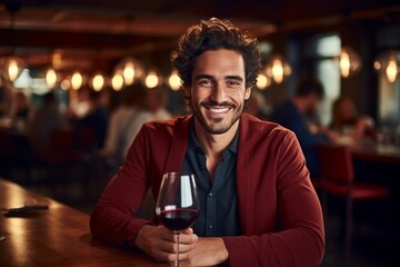 happy modern man with a glass of expensive wine on the background of a fancy restaurant and bar