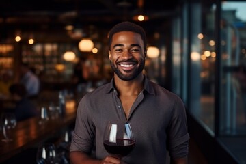 happy modern african american man with a glass of expensive wine on the background of a fancy restaurant and bar