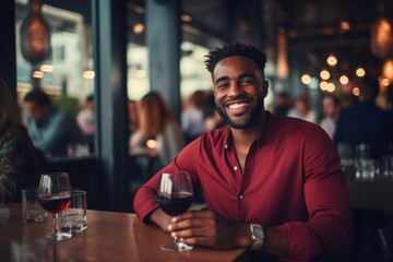 happy modern african american man with a glass of expensive wine on the background of a fancy restaurant and bar