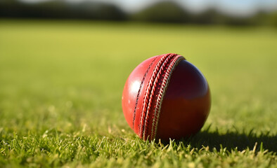A shiny red cricket ball on lush green grass, epitomizing the spirit of the sport.