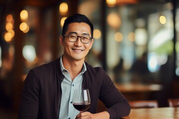 happy modern asian man with a glass of expensive wine on the background of a fancy restaurant and bar