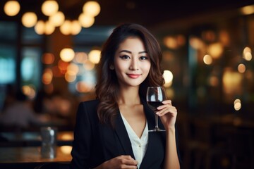 happy modern asian woman with a glass of expensive wine on the background of a fancy restaurant and bar