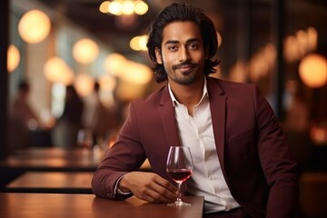 happy modern indian man with a glass of expensive wine on the background of a fancy restaurant and bar