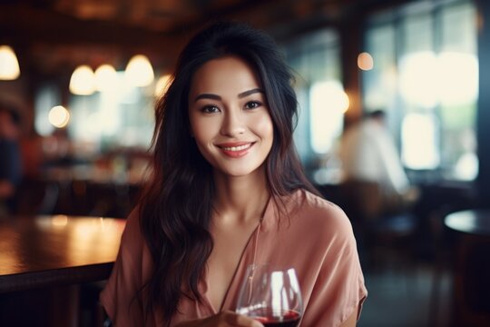 happy modern asian woman with a glass of expensive wine on the background of a fancy restaurant and bar