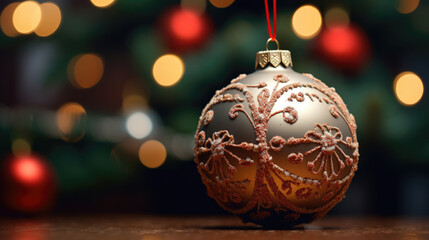 Close up of a beautiful ball on decorated Christmas tree. Christmas and New years eve background.