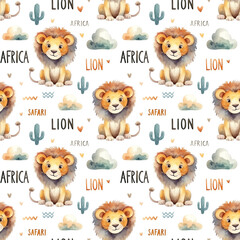 Watercolor seamless pattern with lions isolated on white background.