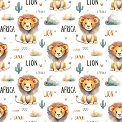 Watercolor seamless pattern with lions isolated on white background. © Nataliia Pyzhova