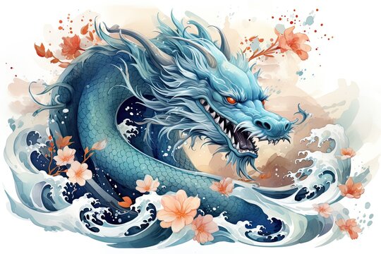 An enchanting watercolor composition dedicated to Chinese New Year's Year of the Blue Dragon