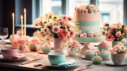 Obraz na płótnie Canvas Elegant setting of a birthday table with pastel decorations and fine china,