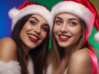 Two happy women, LGBTQ+, wearing Christmas Hats, lesbian couple of young women. AI Generative