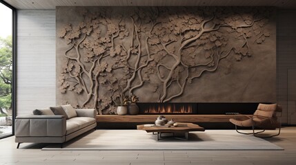 Interior Wall Design wooden style art wall and trendy sofa with central table and warm look with fireplace