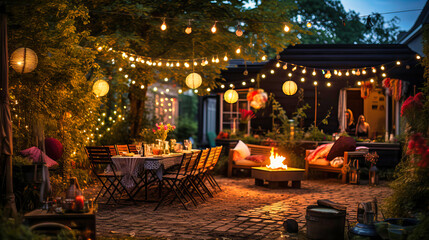 Fototapeta premium Artistic representation of a birthday party in a garden with lanterns and fairy lights,