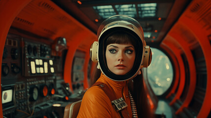 A beautiful woman in a retro vintage sci-fi movie in a space station - obrazy, fototapety, plakaty