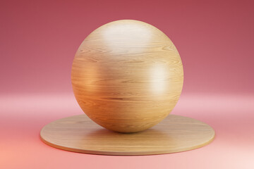 wooden podium with sphere ball on infinite background; pedestal for beauty, cosmetic product presentation. copy space template, 3D Illustration