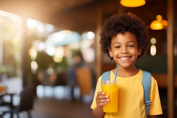 Fotobehang happy modern african american child boy with a glass of fresh juice drink on the background of youth restaurant and cafe © vasyan_23