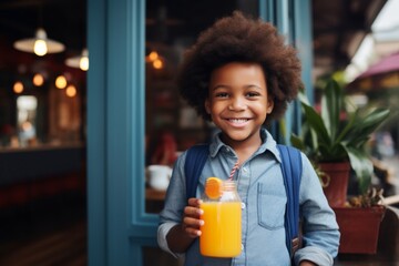 happy modern african american child boy with a glass of fresh juice drink on the background of youth restaurant and cafe