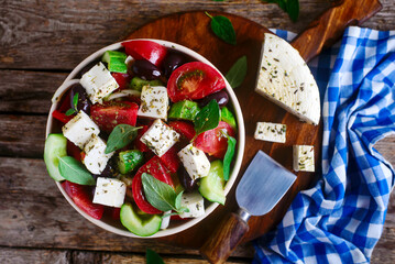 Greek vegetables  salad . top veiw .selective focus