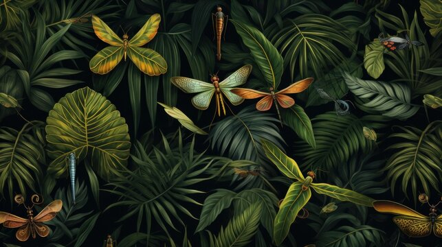 A pattern made of jungle leaves and dragonflies. Background image.