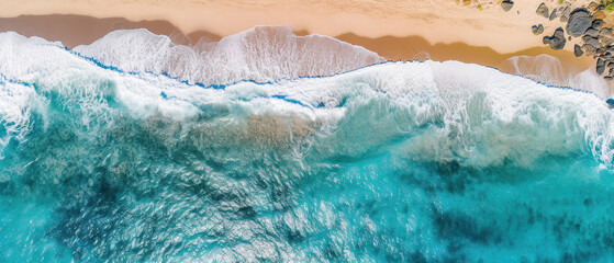 wallpaper of an aerial view photography of ocean and shore - obrazy, fototapety, plakaty
