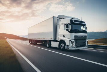 Generic and unbranded truck speed driving on asphalt road - obrazy, fototapety, plakaty