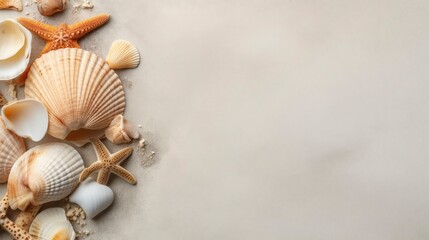 Flat lay. Top view. Frame of shells of various kinds on a pastel background.