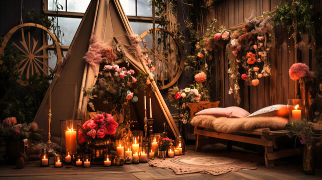 Aesthetic image of bohemian birthday decor with rustic elements