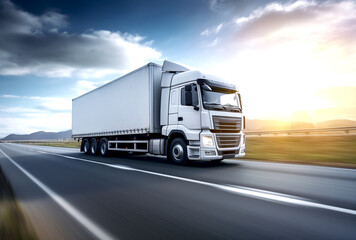 Generic and unbranded truck speed driving on asphalt road