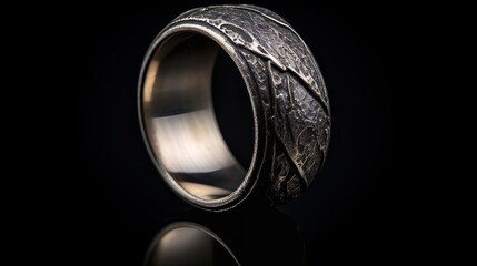 Blackened silver ring with black background. Fashion mens jewellery