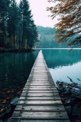 Fototapeta premium a wooden path to calm lake, landscape nature photo, minimal wallpaper