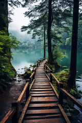 a wooden path to calm lake, landscape nature photo, minimal wallpaper