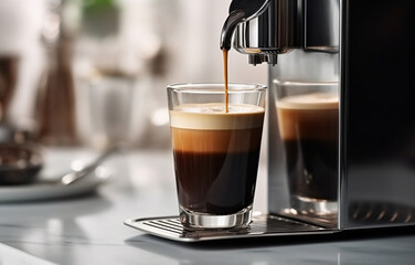 black coffee is poured into a glass cup that stands on a metal stand, on a blurred background of a coffee machine - obrazy, fototapety, plakaty