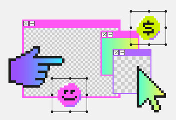 Pixels trend. Y2k trendy stickers. Geometric Brutalism UI. Pixels elements in the mood of 90's aesthetics. 8-bit retro style illustration. Bright colors. Hand, coin, cursor, emoji, 
