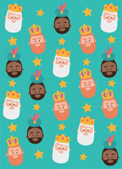 Christmas green background, the three kings of orient, Melchior, Gaspard and Balthazar for wrapping paper pattern