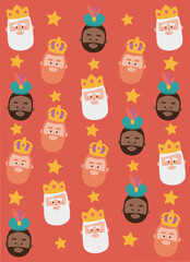 Christmas red background, the three kings of orient, Melchior, Gaspard and Balthazar for wrapping paper pattern