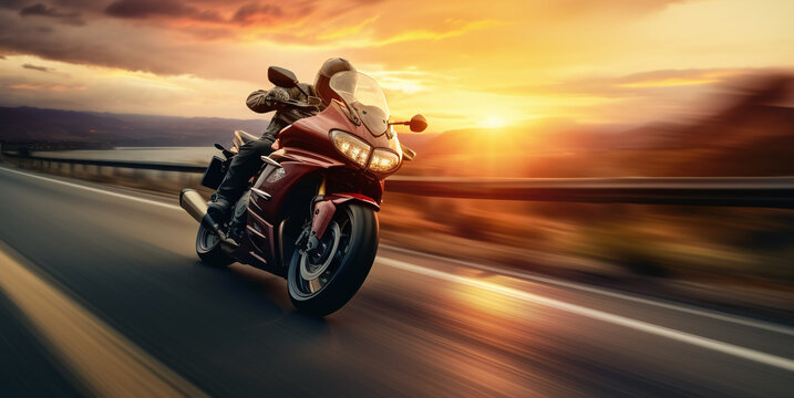 A biker on a motorcycle riding at sunset on a USA road © daniy