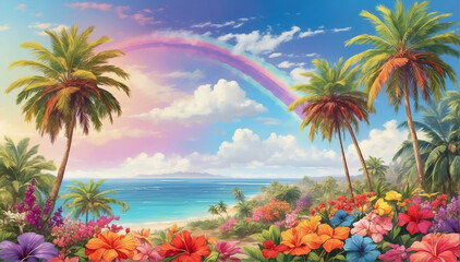 Fototapeta na wymiar A stunning and unique tropical landscape, with palm trees swaying in the gentle breeze, and a rainbow of colorful flowers blooming in the foreground - AI Generative